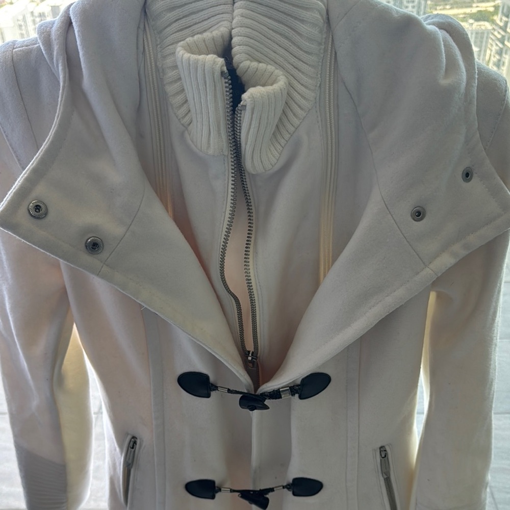 BCBG White Trench Coat with Black Toggle Closures